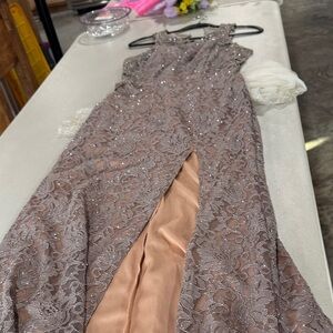 City Triangles Lace Prom Dress in Taupe and Peach